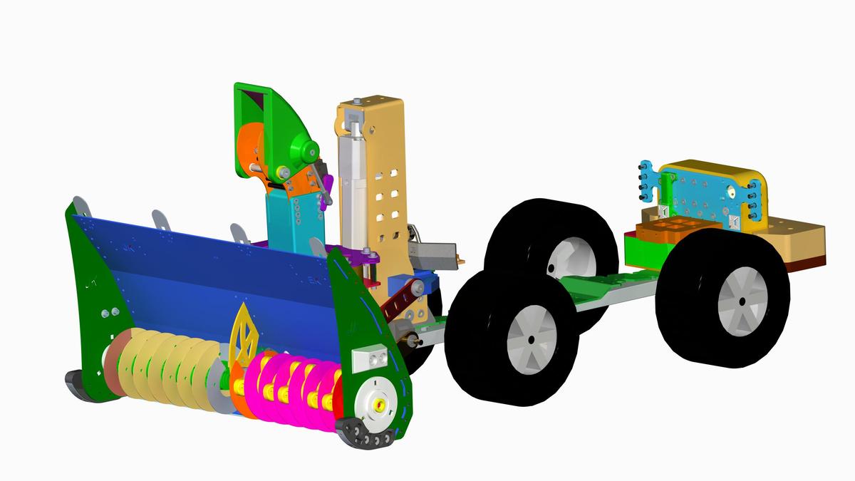 Funktionsfähiges Modell einer Schneefräse, montiert an einem ferngesteuerten Auto